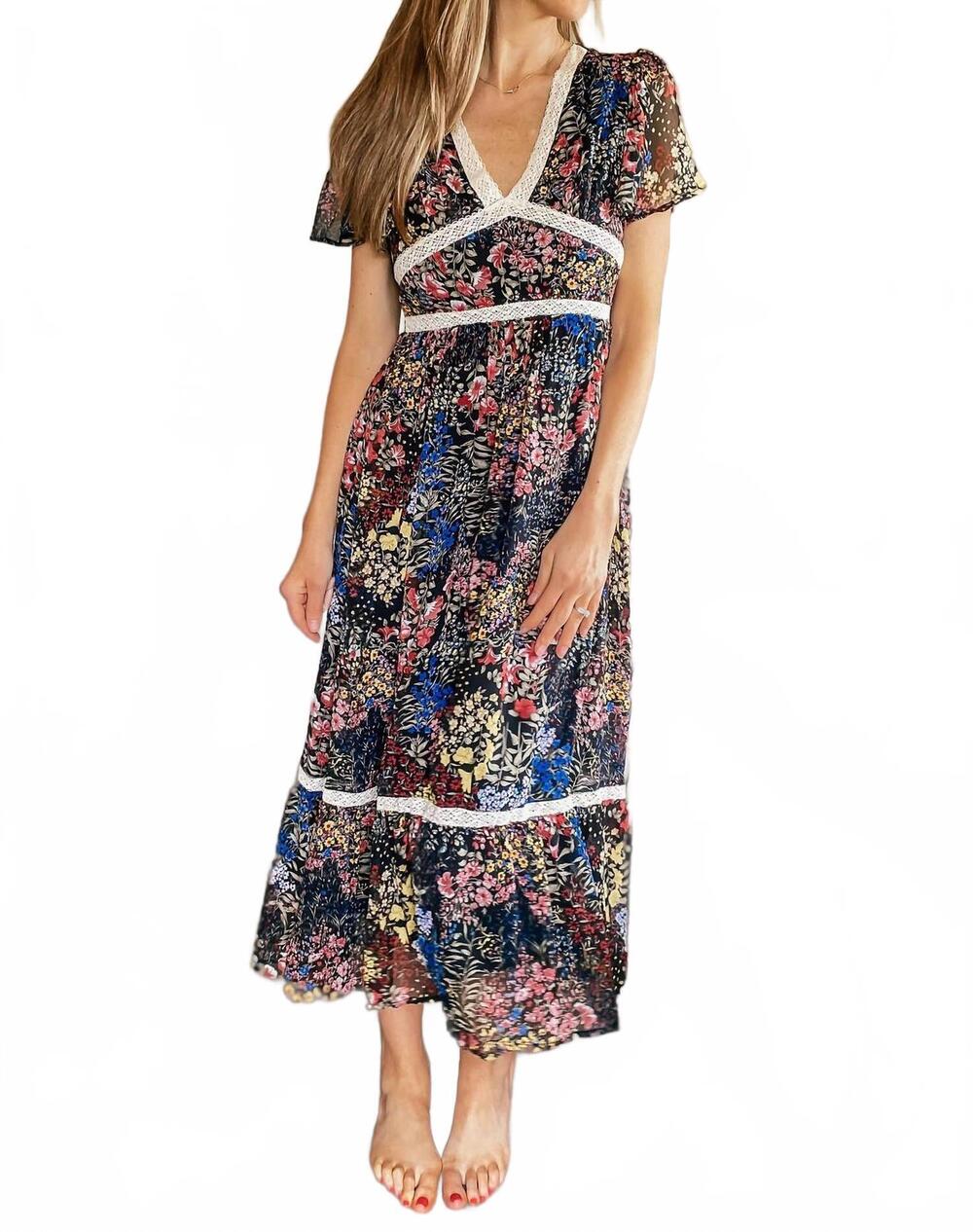 NEW IN-LOOM bright floral chiffon midi dress in black